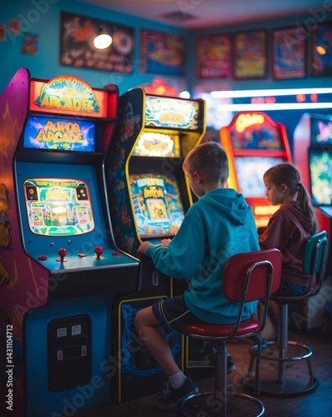Obraz Children Playing Arcade Games in a RetroThemed Amusement Center