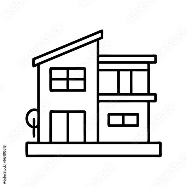 Obraz Minimal line icon of a modern house with flat roof and large windows.