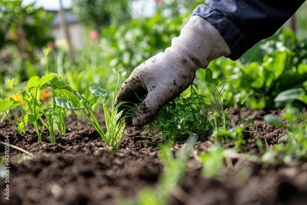 Fototapeta Weeds Garden. Active Gardener in Glove Pulling Out Weeds from Bed in Daylight