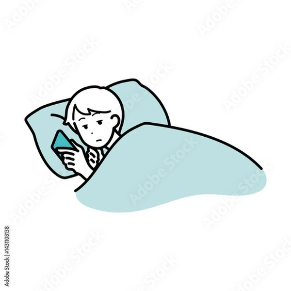 Obraz 睡眠　寝ながらスマホを見続ける男性イラスト
