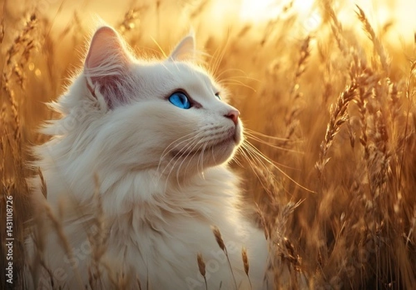 Fototapeta A beautiful white cat with blue eyes in a golden field at sunset, photorealistic, high-resolution,