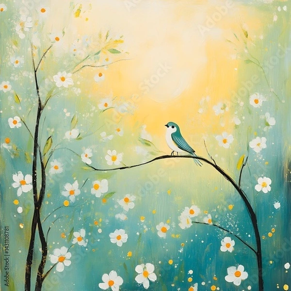Fototapeta spring background with tree and birds. Naive art. 