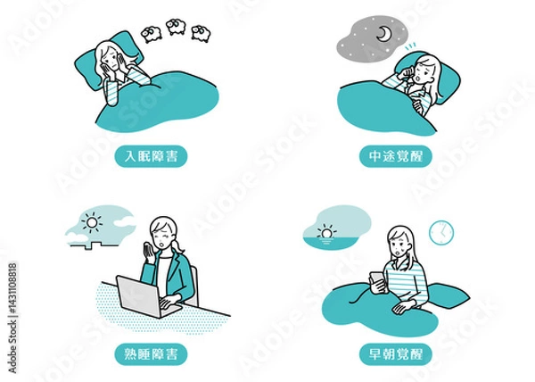 Obraz 睡眠　睡眠障害のイラストセット
