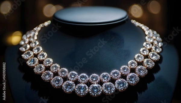 Fototapeta A luxurious diamond necklace on display in a jewelry store, front view, with soft lighting