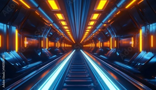 Fototapeta A modern tunnel with train tracks and glowing lights, a symmetrical composition, long exposure time, 
