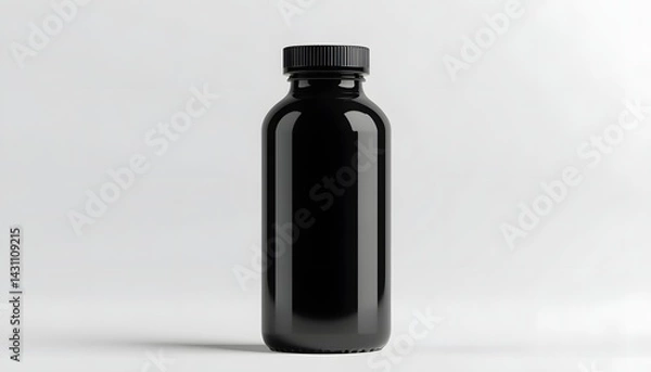Fototapeta Black plastic bottle with lid for solid health supplement on a white background, mockup template.