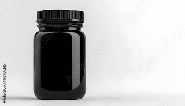 Fototapeta Black plastic bottle with lid for solid health supplement on a white background, mockup template.