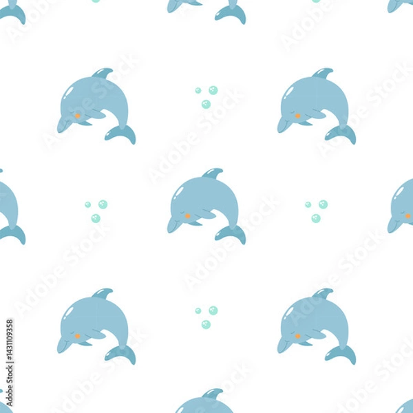 Fototapeta Nautical summer pattern with funny dolphin and bubbles