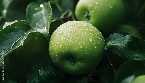 Fototapeta Close-up of green apples with water droplets on leaves, a realistic photo shoot, high-resolution photography,