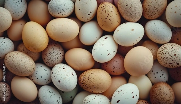 Fototapeta Egg background, close-up of eggs in a pile of brown and beige chicken eggs, close-up of many fresh, raw eggs. 