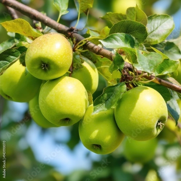 Fototapeta Lush green apples hanging from a tree branch in a sunny orchard capturing the essence of nature and harvest season with a close up and vibrant colors