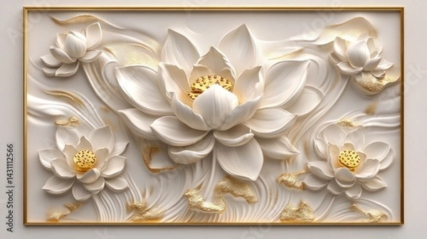 Obraz Elegant 3D lotus flower panel, decorative art, subtle gold accents