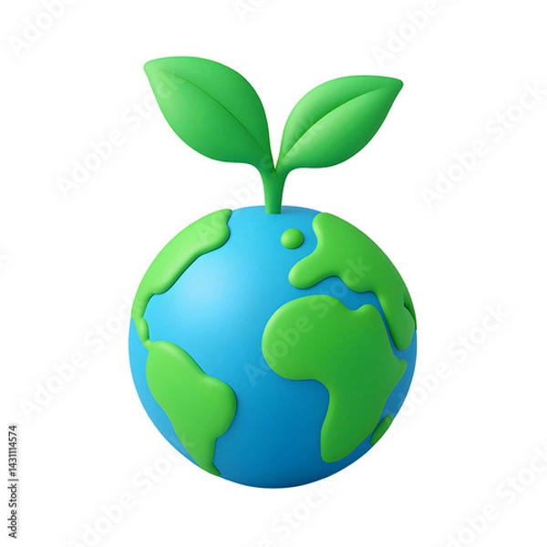 Fototapeta 
3D eco globe with green sprouting leaves, PNG icon representing sustainability and environmental conservation on transparent background
