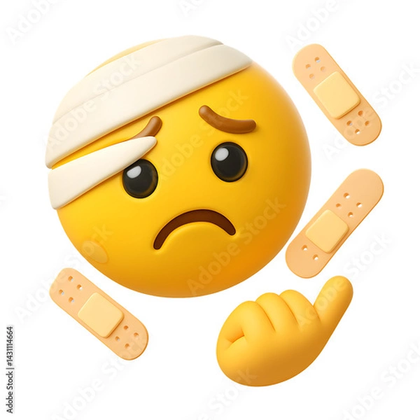 Fototapeta 
3D cartoon injured emoji face with bandages and sad expression, PNG icon on transparent background for accident, health, or pain concepts
