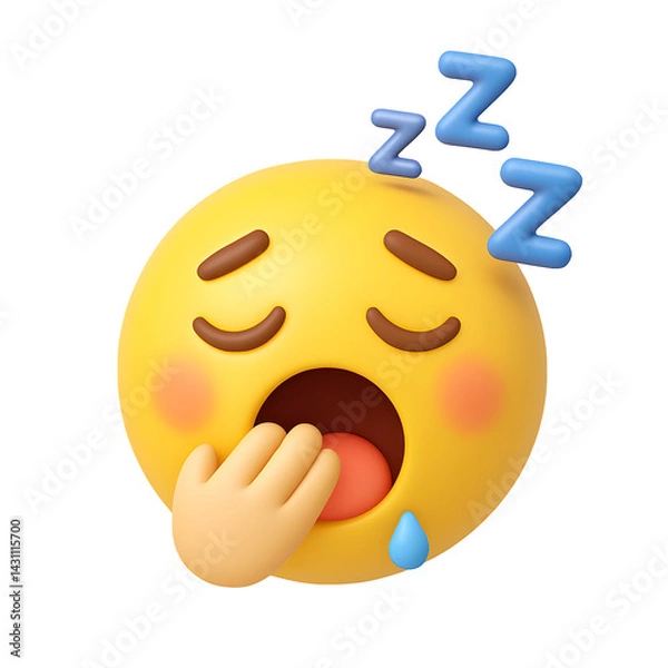 Fototapeta 3D yawning sleepy emoji with closed eyes, hand over mouth and Zs above, expressing tiredness or boredom on transparent background
