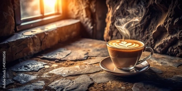 Fototapeta Aromatic Steam Rising from a Latte Art Coffee Cup Placed on Rustic Stone Surface Near a Sunlit Window