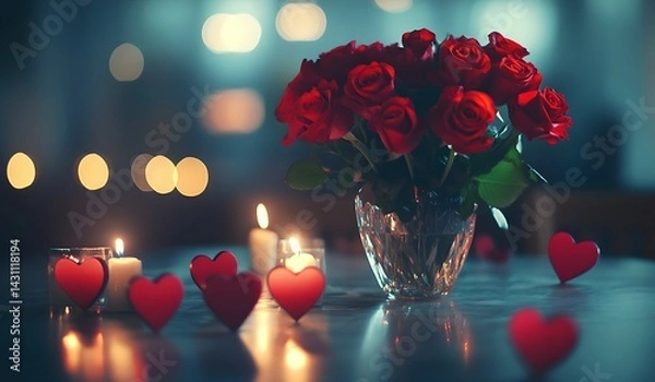 Fototapeta A bouquet of red roses in an elegant vase, placed on the table at a Valentine's Day dinner with heart-shaped decorations and candles. 