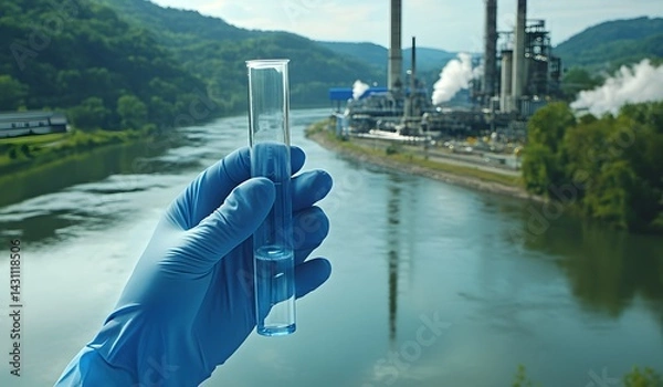 Fototapeta A close-up of hands in blue gloves holding a test tube filled with water, with the background showing a river and an industrial plant on its bank. 