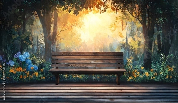 Fototapeta Wooden bench in the park at sunset with copy space. Summer forest landscape background.