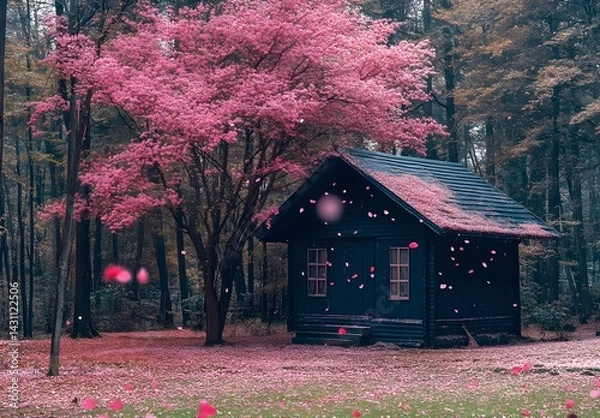 Fototapeta Black wooden house in the woods, pink tree with leaves in the background, pink petals falling from the sky, forest landscape,