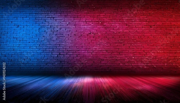 Obraz panorama neon light on brick walls that are not plastered background and texture lighting effect red and blue neon background of empty brick basement wall