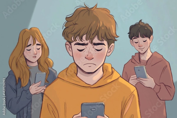 Obraz Sad Teen Boy Looking at Phone While Others Laugh Behind Him suggesting bullying or social exclusion. Generative AI.