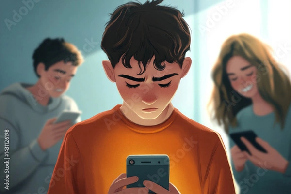 Obraz Sad Teen Boy Looking at Phone While Others Laugh Behind Him suggesting bullying or social exclusion. Generative AI.