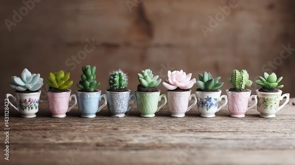 Obraz A row of lovely vintage teacups filled with miniature succulents on an old wooden table in the garden. Colorful, perfect for lovers of gardening and vintage aesthetics.