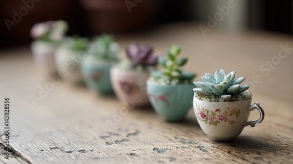 Obraz A row of lovely vintage teacups filled with miniature succulents on an old wooden table in the garden. Colorful, perfect for lovers of gardening and vintage aesthetics.