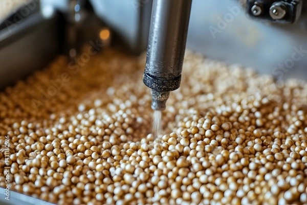 Fototapeta Close-up of sorghum grains being ground in a coffee roaster, showcasing the process and quality control. 