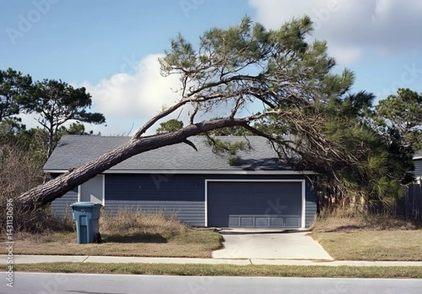 Fototapeta Photo of a large pine tree fallen on the roof and house, a grey-shingled modern home