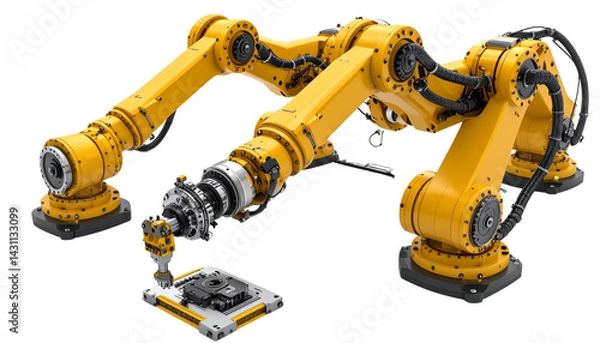 Obraz Disassembled robotic arm showing internal gears, pistons, and wiring, laid out neatly on a white Background

