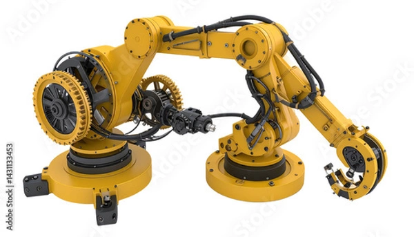 Obraz Disassembled robotic arm showing internal gears, pistons, and wiring, laid out neatly on a white Background
