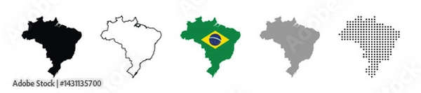 Fototapeta Brazil map vector icon set. Silhouette, states, regions, outline, flag, flat, dotted styles. Vector illustration