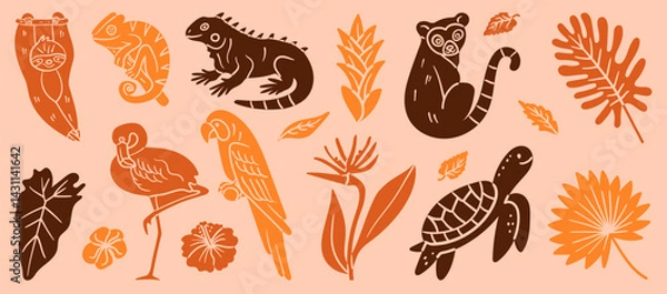 Fototapeta Silhouette set of exotic tropical animals and plants in warm earthy tones, including a sloth, parrot, chameleon, lemur, flamingo, turtle, iguana, and jungle flora. Ideal for summer projects.
