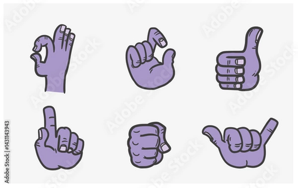 Fototapeta Set of cartoon-style purple hands showing various gestures: OK sign, snap, thumbs up, pointing, fist, and shaka. Fun, expressive, and modern.