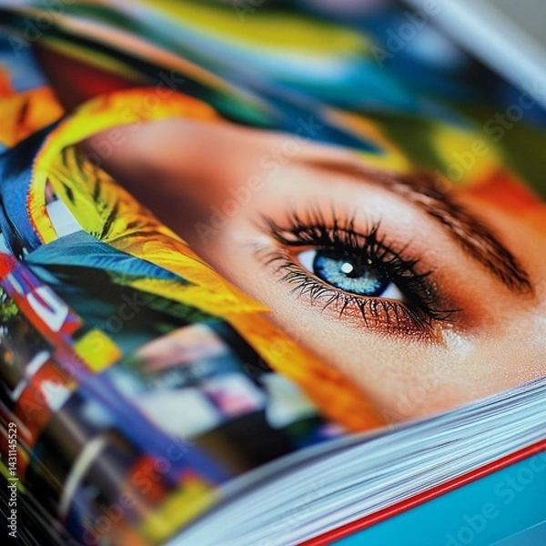 Fototapeta Vibrant Blue Eye Closeup Colorful Magazine Print Design art eyes girl book image woman model style  