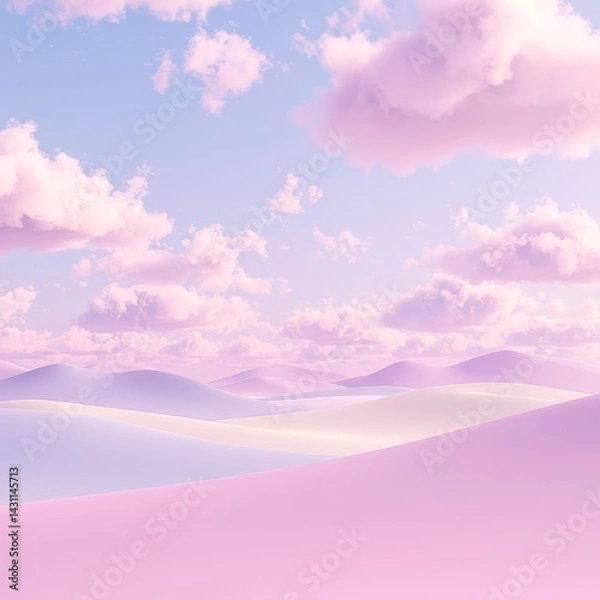Fototapeta Dreamy Pastel Landscape with Rolling Hills and Fluffy Pink Clouds