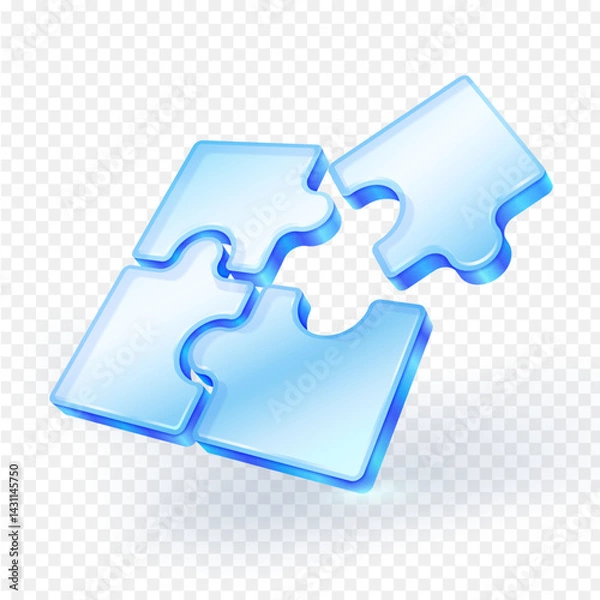 Fototapeta Modern 3D vector illustration of four blue glass glossy jigsaw puzzle pieces forming a square, isolated on a transparent background. Perfect for business teamwork, solution and strategy concepts.