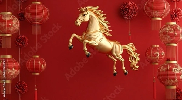 Obraz A golden horse leaps amid red Chinese lanterns and floral decorations. The rich red and gold tones symbolize prosperity and celebration, evoking the festive spirit of Lunar New Year traditions.