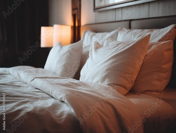Fototapeta Elegant hotel room interior featuring a comfortable bed with soft pillows and a cozy duvet cover inviting relaxation and a peaceful night's sleep in a luxurious setting