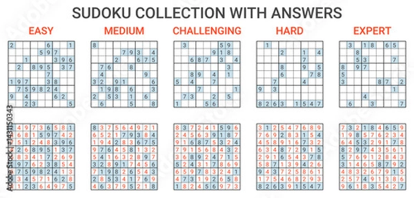 Obraz Collection of sudoku of varying difficulty with answers. Set of vector puzzles. Game of finding suitable numbers for development of logic and mathematics. Sudoku with different number of open elements