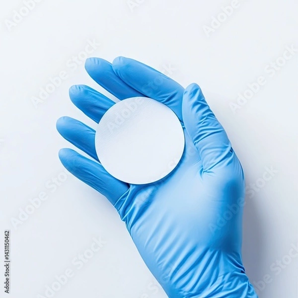 Fototapeta A hand in a blue glove holds a blank round disc