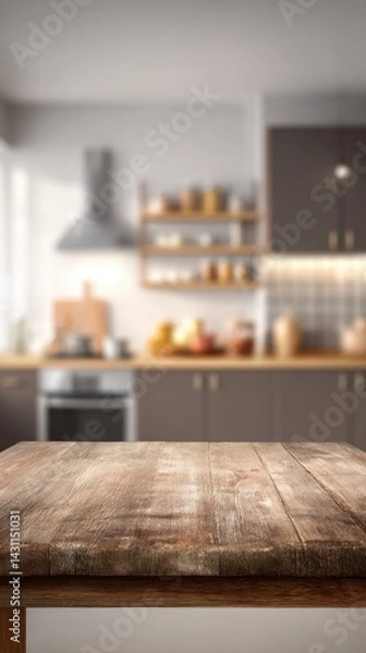 Obraz Rustic wooden table surface with blurred kitchen background creating a cozy interior scene perfect for showcasing products with a warm and inviting atmosphere