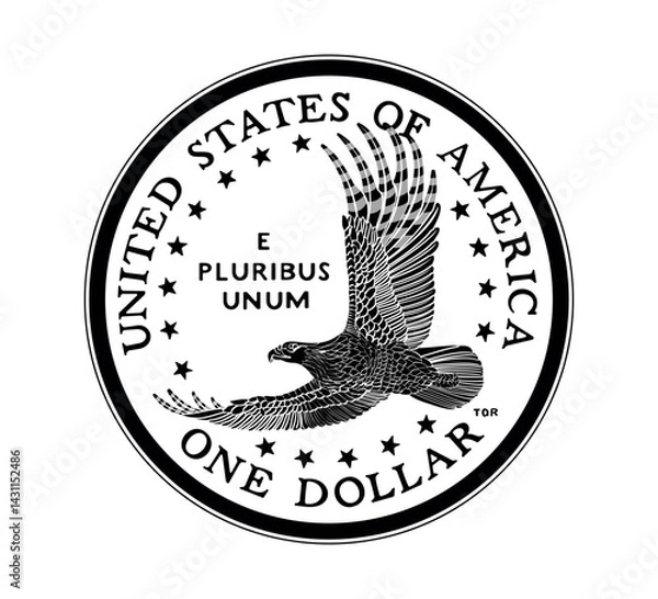 Fototapeta Coin one US dollar. The coin is depicted in black and white. Vector illustration. Vector illustration.