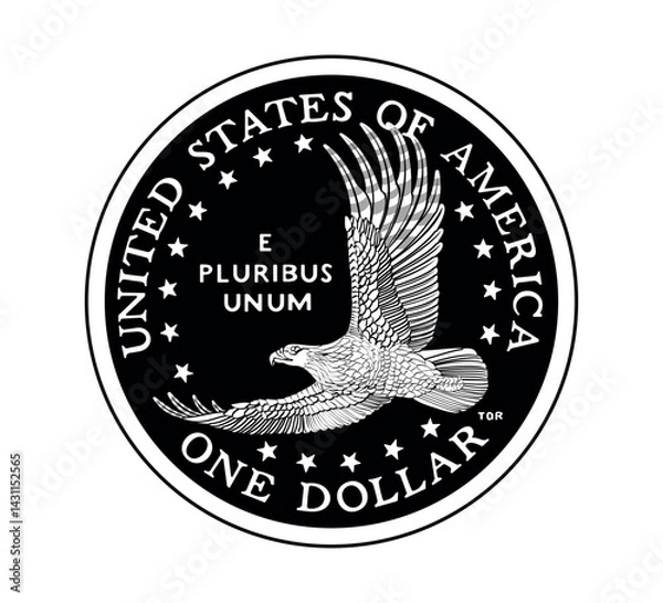 Fototapeta Coin one US dollar. The coin is depicted in black and white. Vector illustration. Vector illustration.