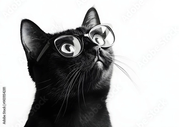 Fototapeta Black cat with glasses, isolated on a white background. Studio shot, with copy space available.