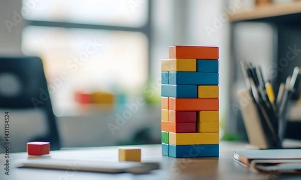 Fototapeta Photo of a Jenga tower with colorful blocks on an office desk, with a bokeh background. Web banner with copy space.