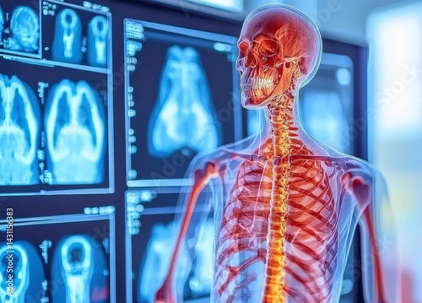 Fototapeta detailed 3D rendering of human skeleton with highlighted internal organs, displayed in front of high resolution medical imaging screens