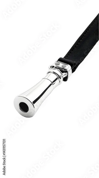 Fototapeta Silver key chain detail.  A polished silver key ring, subtly shaped, attached to a black leather cord